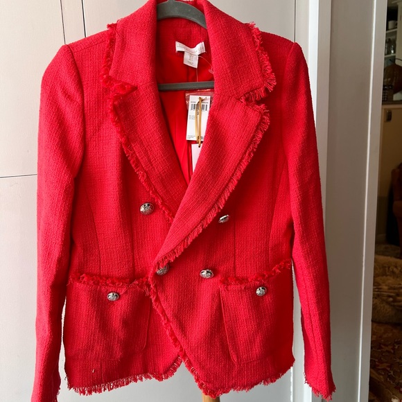 NWT $259 House of Harlow Red Tweed Double Breasted
Blazer Frayed Trim - Picture 7 of 11